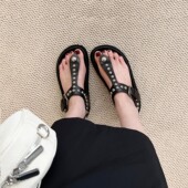 女沙滩鞋 高货羊皮 欧美风ins朋克铆钉真皮厚底夹趾丁字罗马凉鞋