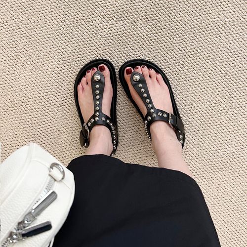 羊皮夏季韩版铆钉女真皮厚底凉鞋