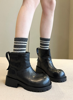 日系甜酷流行~秋冬新款头层牛皮粗跟大头短靴女马丁靴英伦机车靴