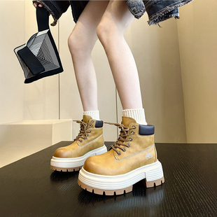 靴短靴 牛皮厚底增高马丁靴女大黄靴轻便户外不累脚工装 新品 尖货