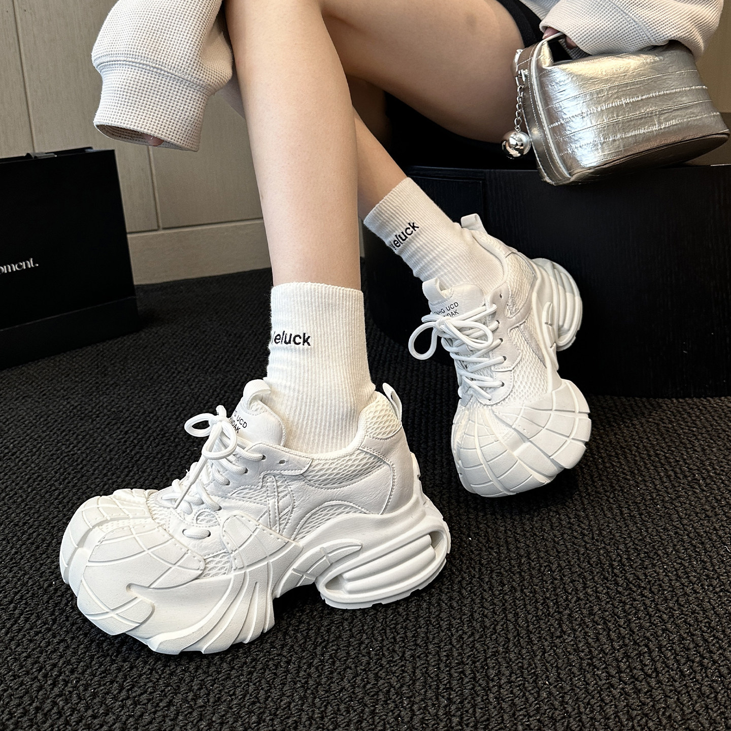 WSWS｜街头小众2026春配阔腿裤增高厚底白色老爹鞋女休闲鞋运动鞋,女鞋,老爹鞋,淘宝优惠券,粉丝福利购,淘宝优惠卷