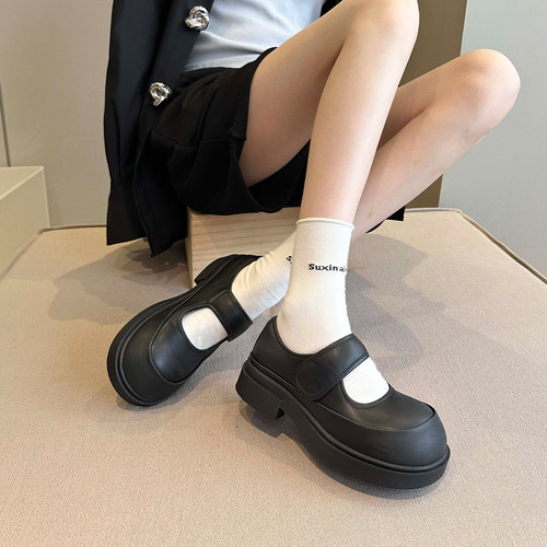 2025新款真皮厚底魔术贴玛丽珍鞋