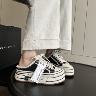 女包头拖鞋 WSWS|东大门新款 半拖鞋 乞丐鞋 5CM增高厚底懒人帆布鞋