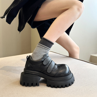 日系辣妹配阔腿裤 小皮鞋 真皮大头增高厚底鞋 女鞋 德比鞋 甜酷时髦