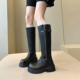 韩版 冬季 潮搭 加绒显瘦皮带扣侧拉链粗跟厚底高筒靴骑士靴女长靴
