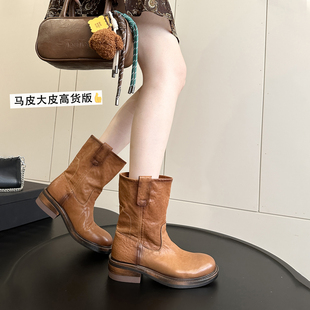 网上｜手工马皮2026秋冬英伦风复古擦色机车短靴女厚底马丁靴