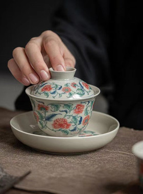 中式釉下彩功夫泡茶盖碗茶具瓷器
