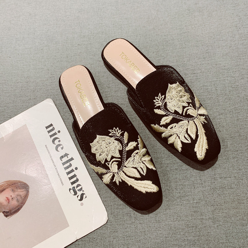 国风刺绣复古方头包头平底拖女外穿2025年新款时尚百搭外穿半拖鞋,女鞋,包头拖,淘宝优惠券,粉丝福利购,淘宝优惠卷