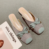 女编织面复古蝴蝶结穆勒拖鞋 2026年新款 百搭方头软底平底豆豆鞋