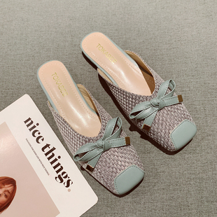 2025年新款百搭方头软底平底豆豆鞋女编织面复古蝴蝶结穆勒拖鞋