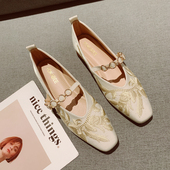 刺绣布面浅口软底工作瓢鞋 金属扣一字带方头低跟单鞋 女2025年新款