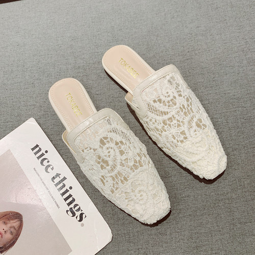 时尚蕾丝网纱包头半拖鞋女外穿