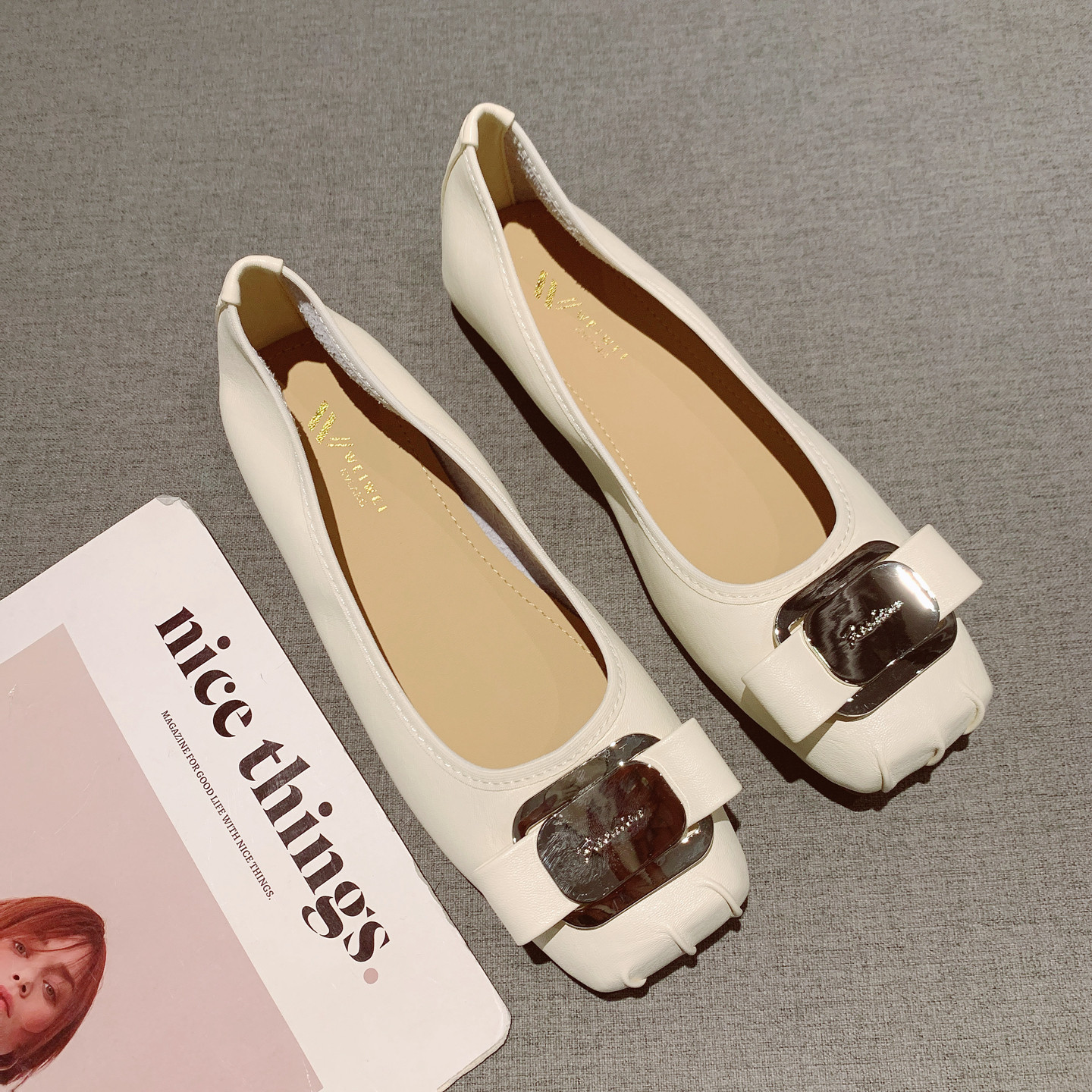 金属扣复古方头软底豆豆鞋女2025年新款舒适软面一脚套平底单鞋,女鞋,浅口单鞋,淘宝优惠券,粉丝福利购,淘宝优惠卷