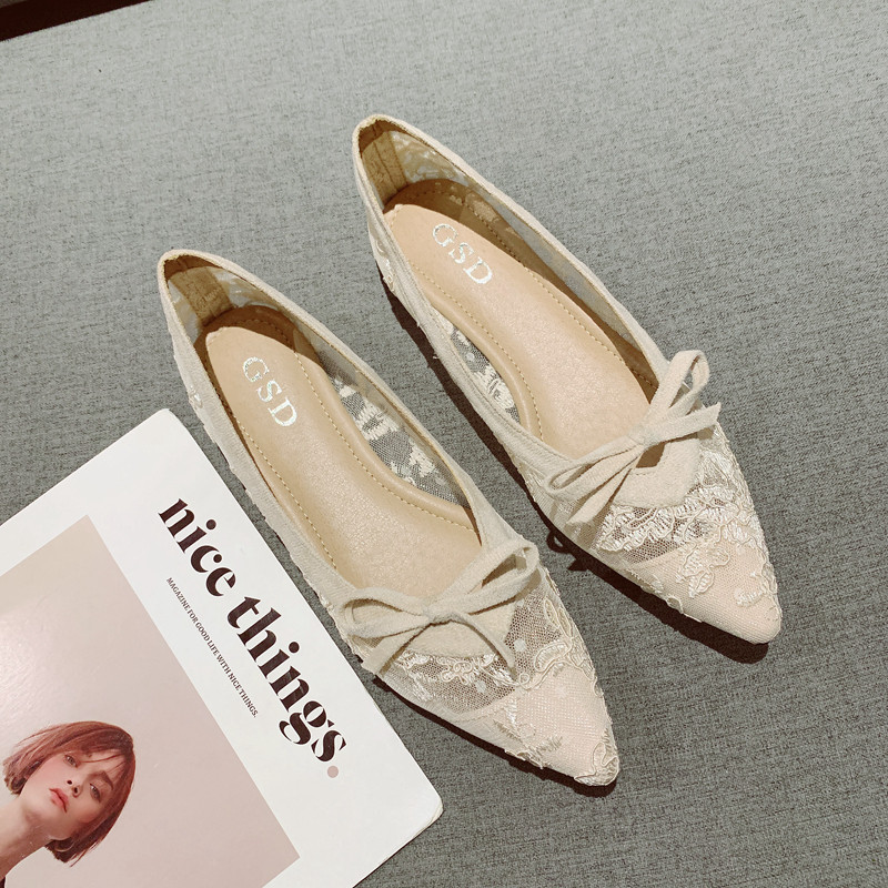 网纱透气浅口尖头平底单鞋女2025年新款蝴蝶结一脚套显瘦软底瓢鞋