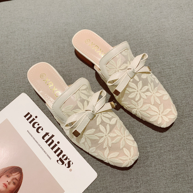 网纱透气低跟半拖鞋女外穿2025年新款蝴蝶结装饰一脚套包头凉拖