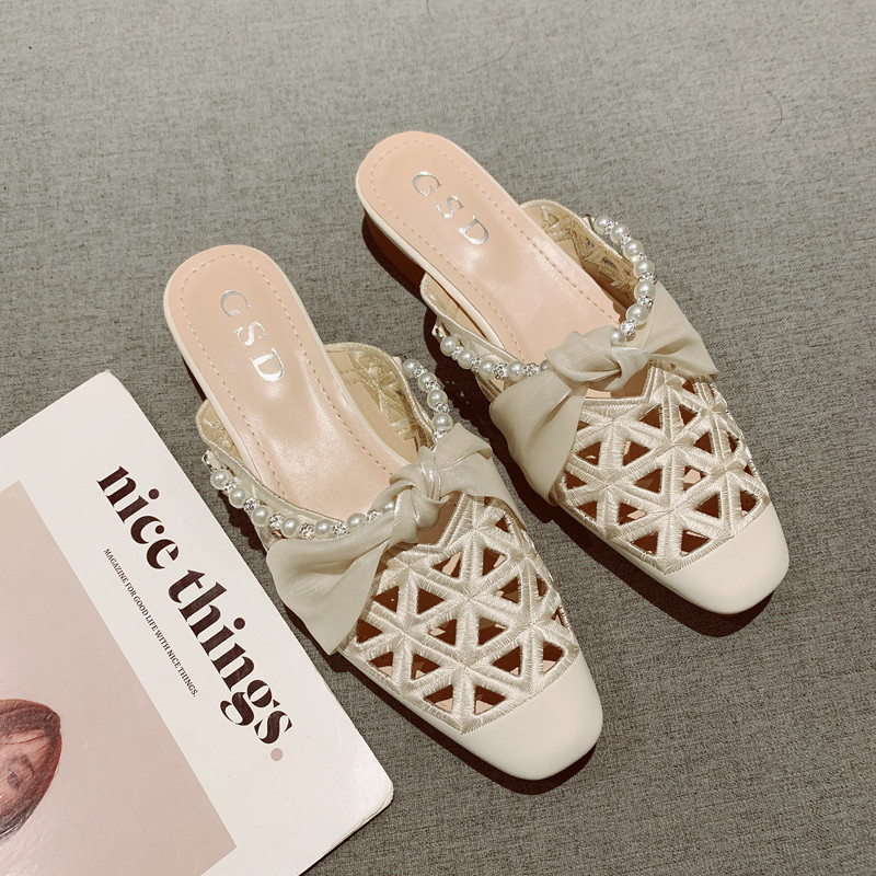 法式甜美珍珠一脚套低跟包头半拖鞋女2025年新款镂空透气百搭凉拖,女鞋,包头拖,淘宝优惠券,粉丝福利购,淘宝优惠卷