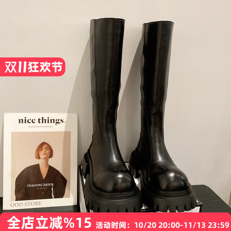 2026年新款英伦风松糕厚底不过膝单里高筒时装靴女显瘦长筒骑士靴