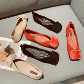 2025秋季 女鞋 新款 时尚 单鞋 软底大码 韩版 皮带扣绒面浅口方头平底鞋