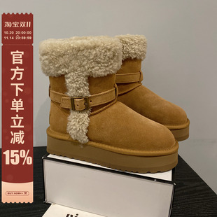 2025年新款 靴 英伦风皮带扣增高厚底套筒雪地靴女磨砂牛皮中筒时装