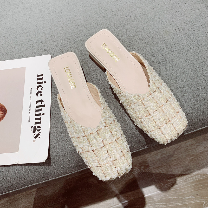 香风包头半拖鞋女外穿2025年夏季新款百搭呢子布方头低跟穆勒拖鞋,女鞋,包头拖,淘宝优惠券,粉丝福利购,淘宝优惠卷