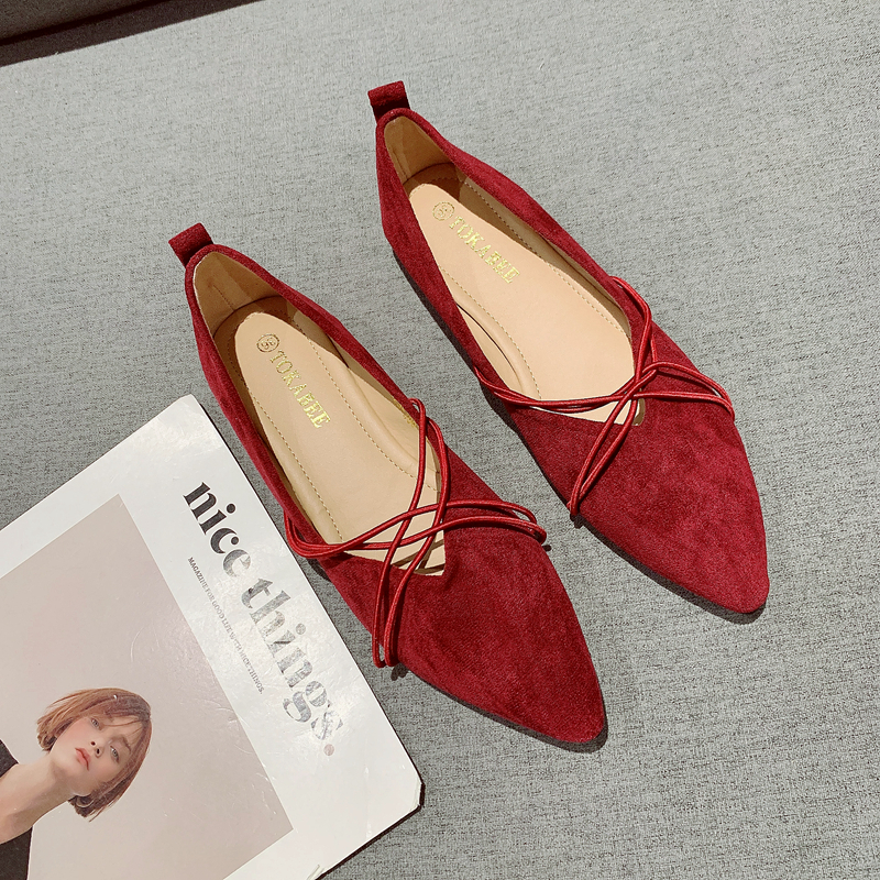 绒面浅口尖头平底单鞋软底瓢鞋女