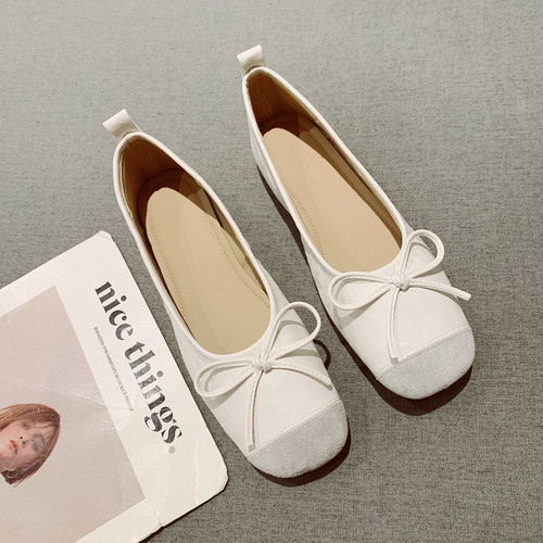 蝴蝶结浅口方头舒适软底豆豆鞋女