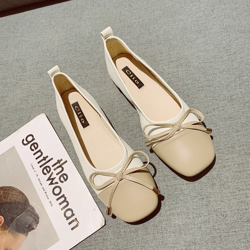 平底鞋女2025春秋新款韩版时尚蝴蝶结拼色方头浅口软底单鞋豆豆鞋,女鞋,浅口单鞋,淘宝优惠券,粉丝福利购,淘宝优惠卷