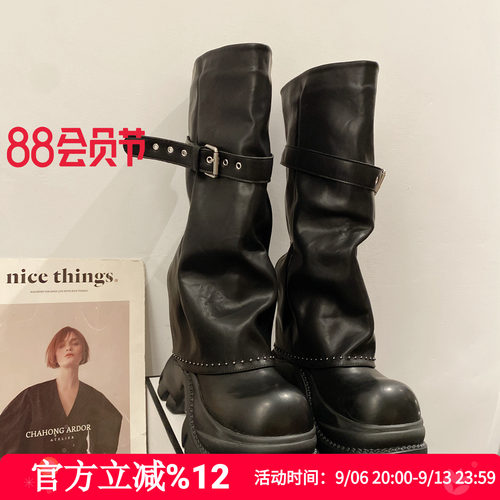 黑色皮带扣厚底增高骑士靴裤管靴