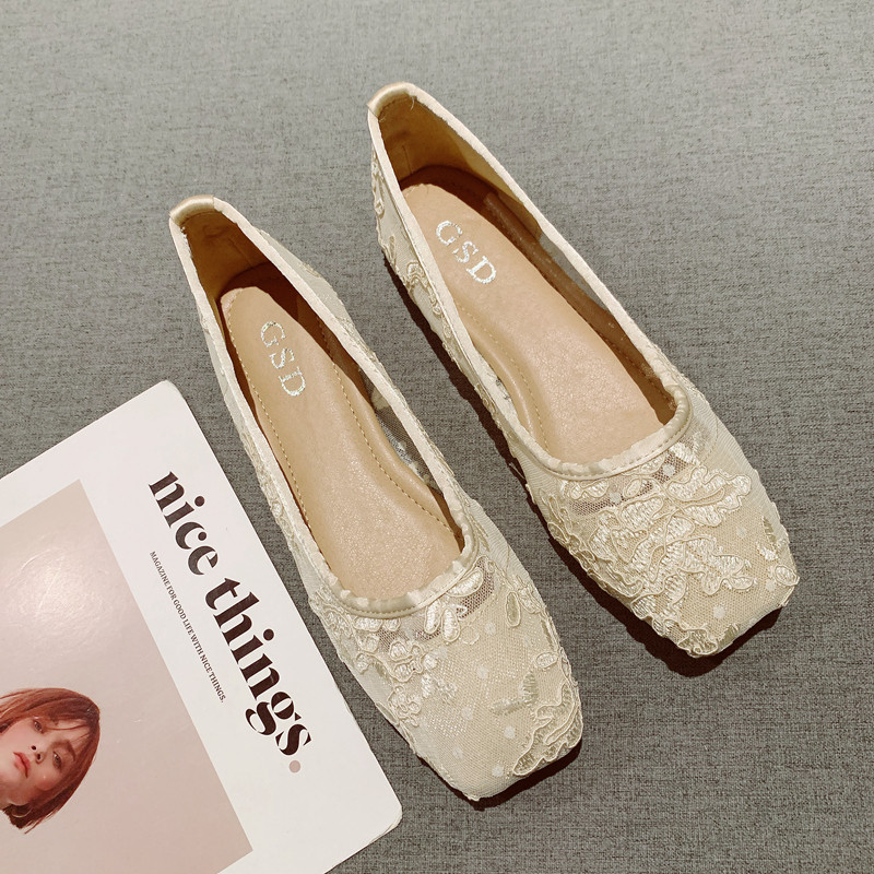 2025夏季新款仙女风配裙子网纱透气瓢鞋女一脚套浅口方头平底单鞋