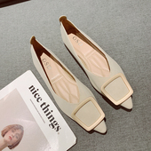 女2025新款 韩版 显瘦百搭软底大码 金属方扣浅口尖头平底单鞋 瓢鞋