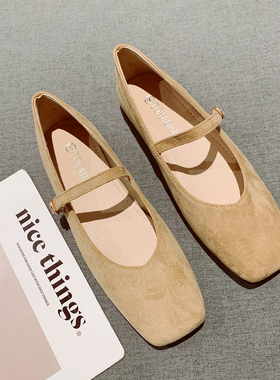 2025年新款复古方头绒面玛丽珍鞋女一字扣舒适软底豆豆鞋平底单鞋