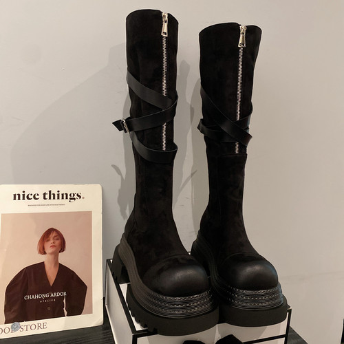 皮带扣拉链高筒瘦瘦靴长筒时装靴