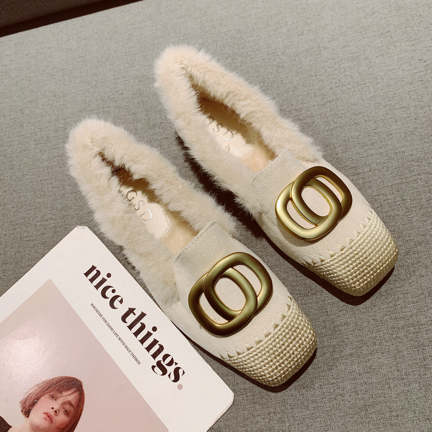 金属扣编织方头一脚套毛毛鞋女