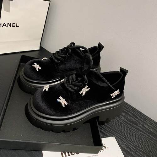 欧货蝴蝶结厚底金丝绒乐福鞋