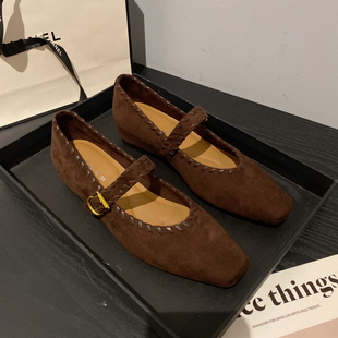 2025新款复古方头绒面一字扣带玛丽珍单鞋女内增高浅口通勤工作鞋