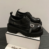 女真皮厚底增高休闲小皮鞋 2026年新款 英伦风皮带扣复古圆头乐福鞋