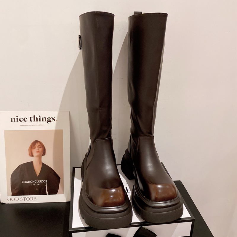 不过膝高筒时装靴女擦色骑士靴