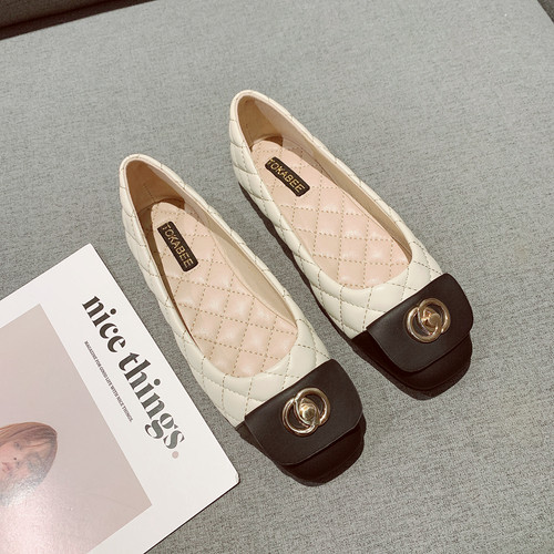 法式香风拼色方头平底单鞋女