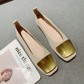 女简约百搭一脚套低跟单鞋 2025年新款 金属方扣浅口方头软底瓢鞋