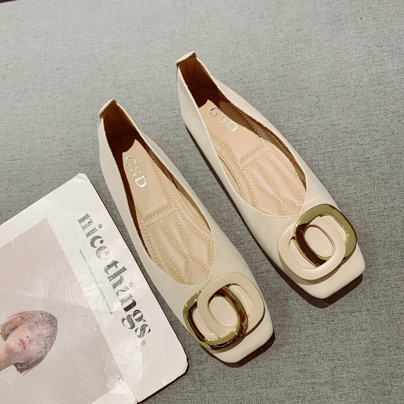 舒适软面金属扣方头软底豆豆鞋女2025年新款简约百搭浅口通勤单鞋,女鞋,浅口单鞋,淘宝优惠券,粉丝福利购,淘宝优惠卷