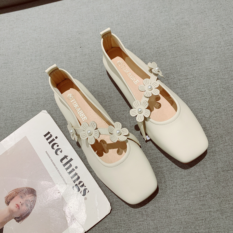 复古方头舒适软面低跟玛丽珍鞋女2025年新款一字带浅口百搭工作鞋