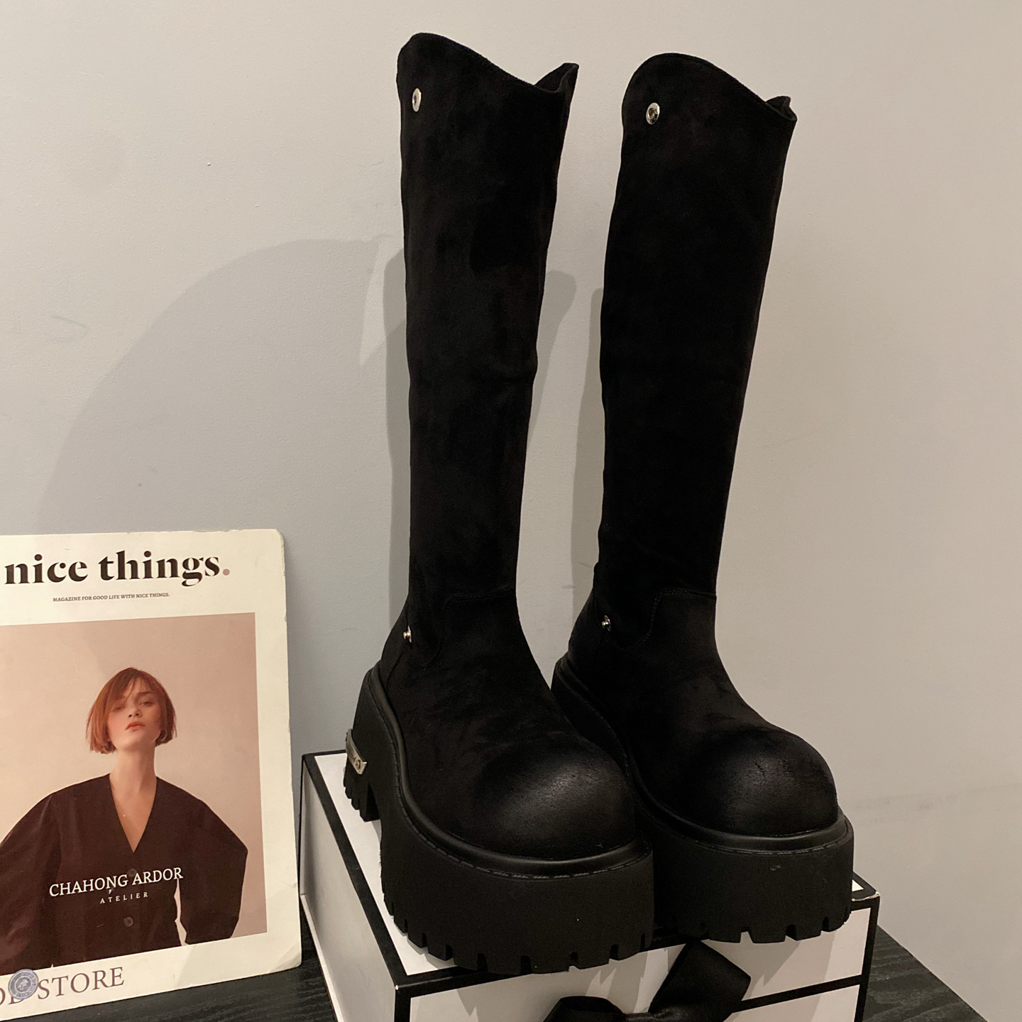 复古圆头增高厚底高筒靴女时装靴