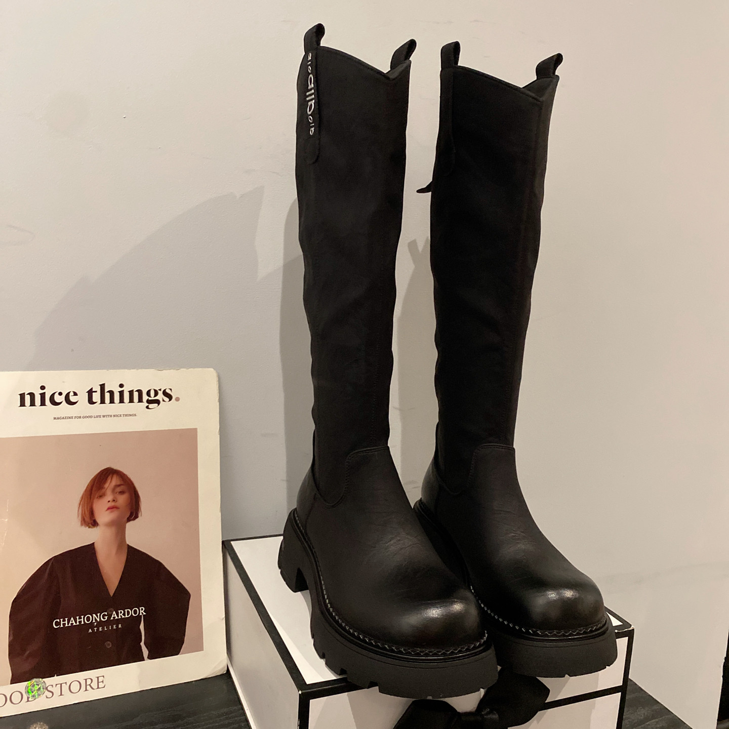 2025年新款英伦风复古圆头增高厚底长筒骑士靴女后拉链百搭时装靴,女鞋,时装靴,淘宝优惠券,粉丝福利购,淘宝优惠卷