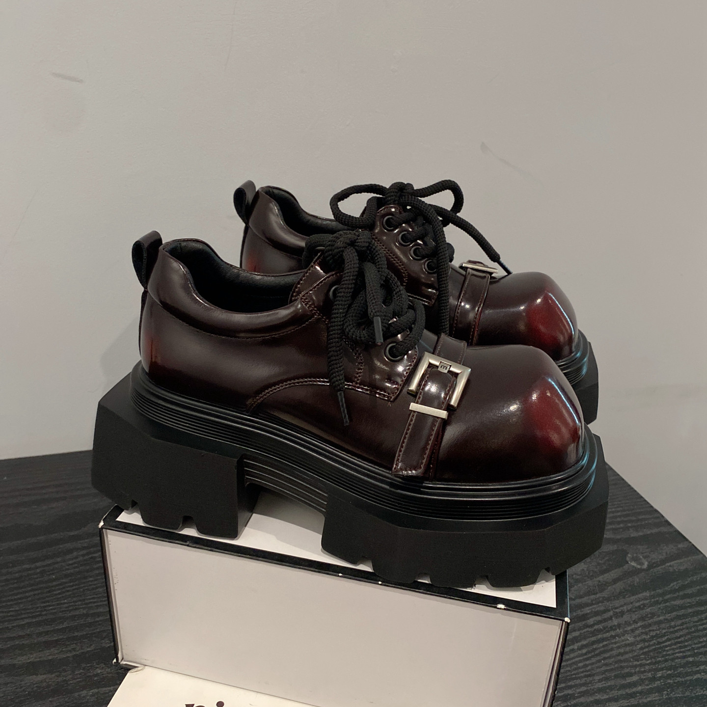 2025年新款英伦风厚底擦色乐福鞋女系带皮带扣松糕底百搭增高鞋,女鞋,乐福鞋（豆豆鞋）,淘宝优惠券,粉丝福利购,淘宝优惠卷