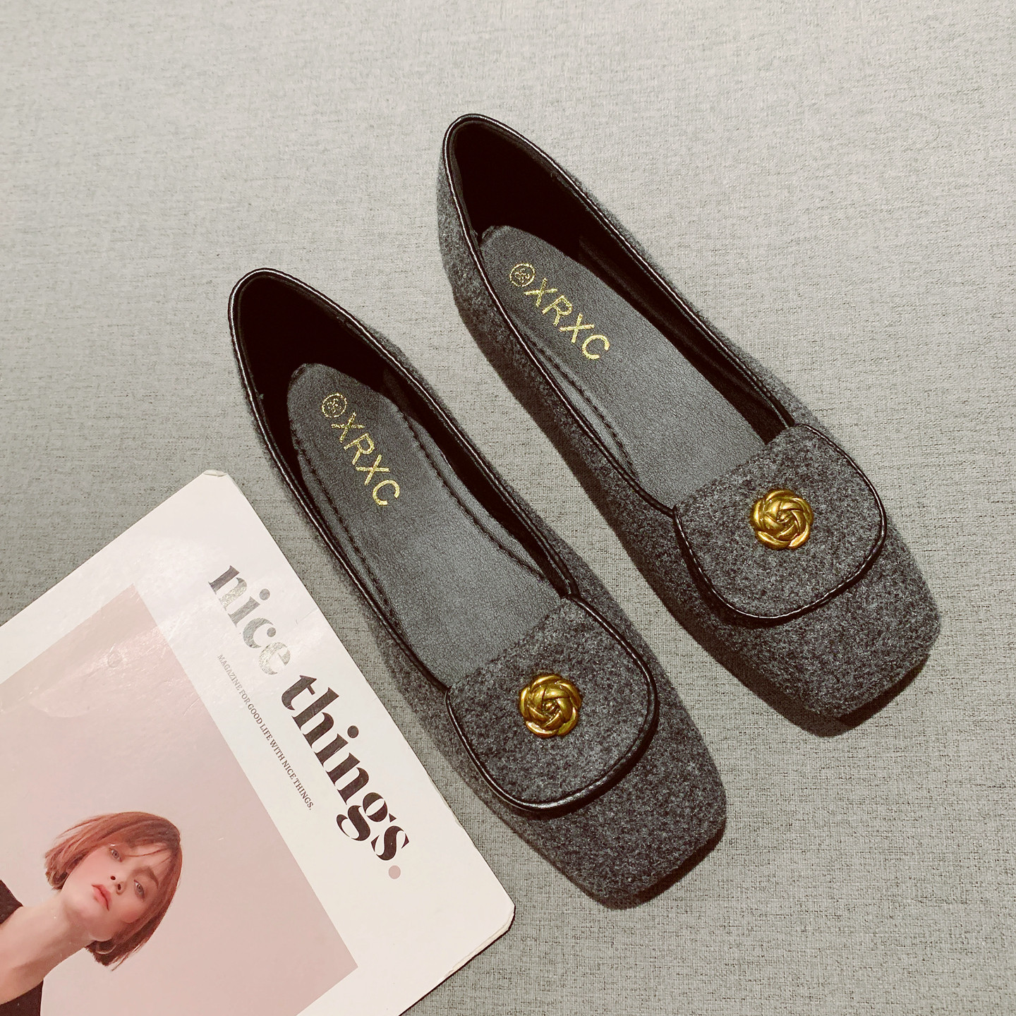 香风呢子面浅口方头平底单鞋女