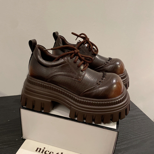 2025年新款英伦风松糕厚底JK小皮鞋女擦色圆头百搭系带休闲乐福鞋