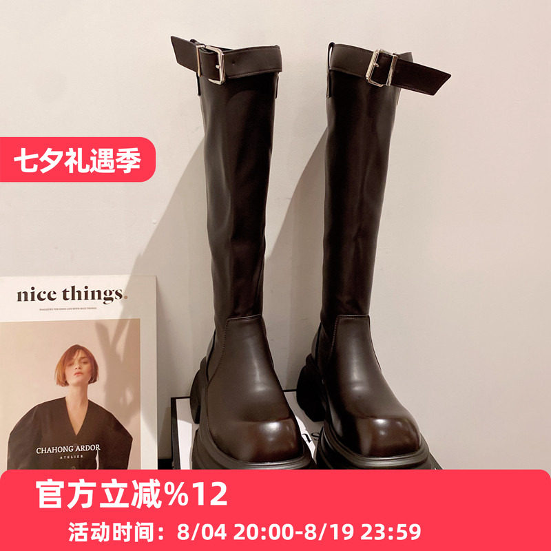甜酷帅气欧美辣妹高筒长靴女厚底增高显瘦气质皮带扣长筒骑士靴