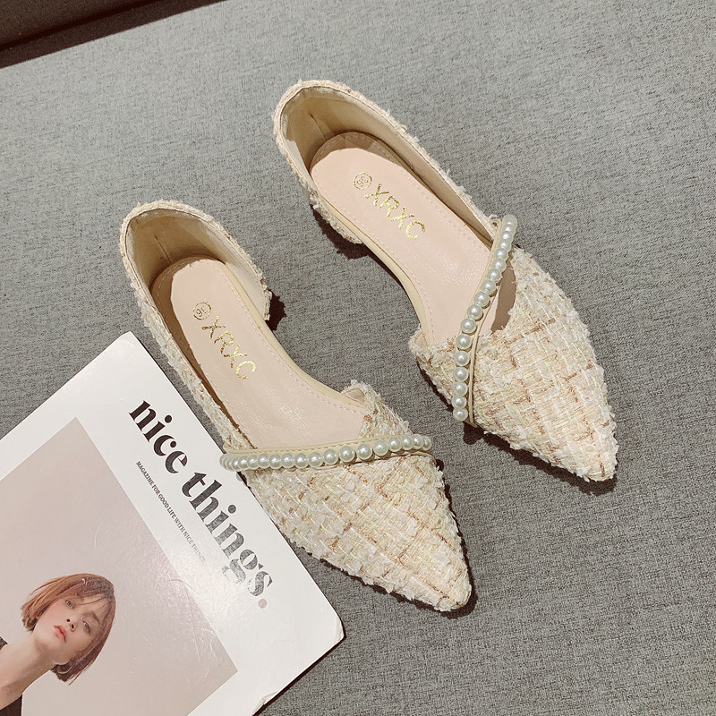 2025年春夏新款仙女风珍珠装饰浅口侧空平底鞋女舒适软底尖头单鞋,女鞋,浅口单鞋,淘宝优惠券,粉丝福利购,淘宝优惠卷