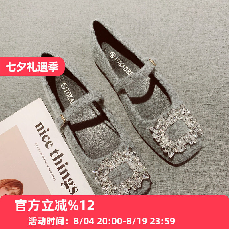 时尚水钻方扣一字带浅口玛丽珍鞋女2026年新款呢子布面舒适软底鞋