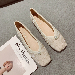 珍珠装饰浅口低跟单鞋女2025年新款韩版一脚套软底方头百搭瓢鞋